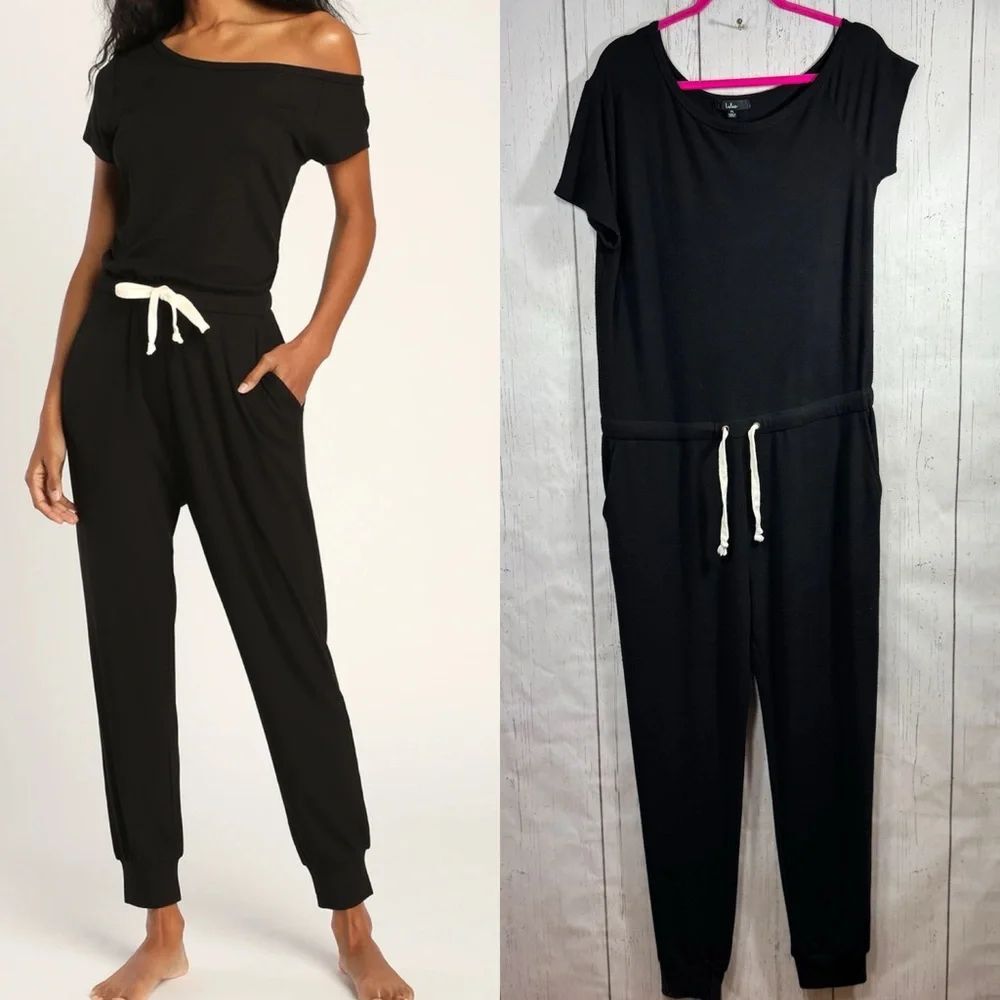 Lulus Black Off-Shoulder Jogger Jumpsuit XL Minimalist Lounge Chic Soft Casual